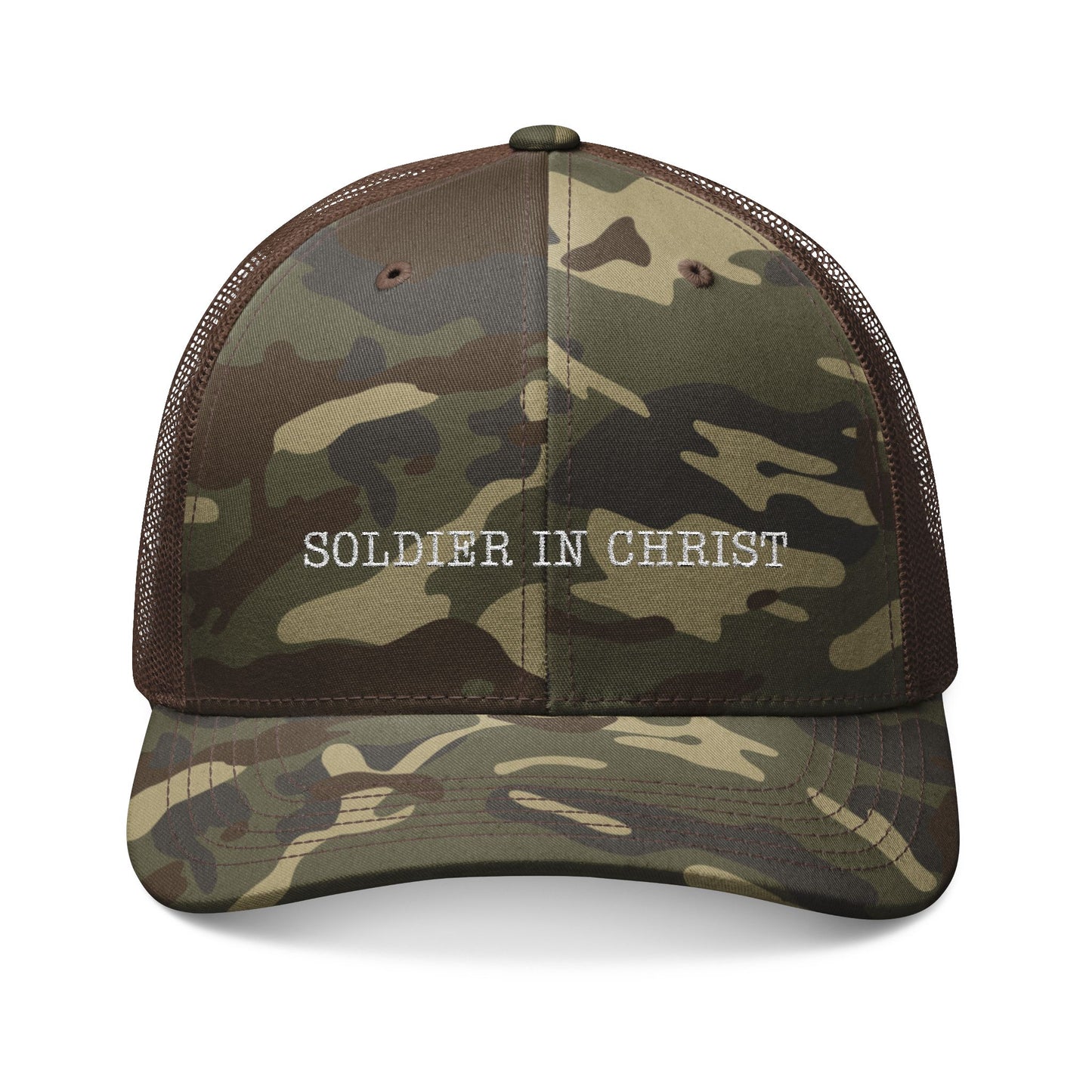 Camouflage Trucker Hat - Soldier in Christ, Outdoor Gear, Faith-Based Headwear, Gift for Veterans, Inspirational Fashion