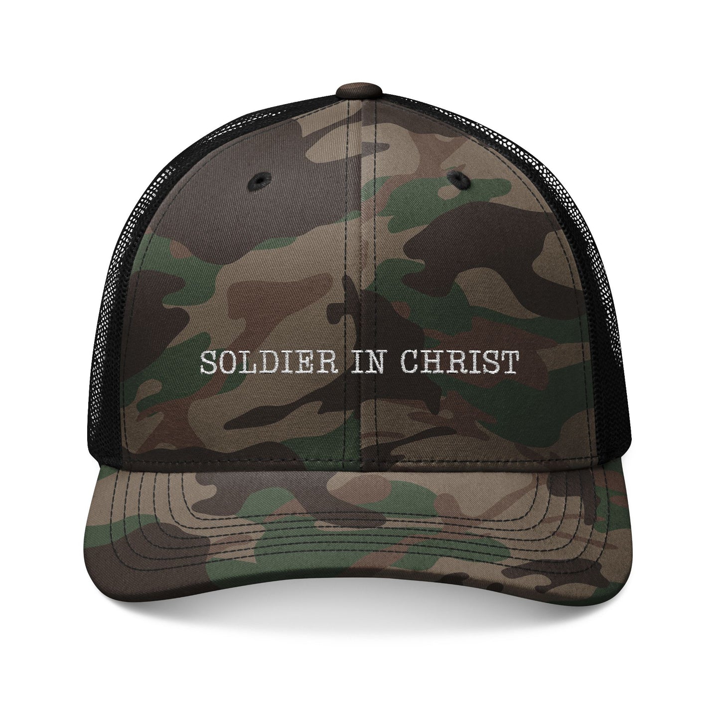 Camouflage Trucker Hat - Soldier in Christ, Outdoor Gear, Faith-Based Headwear, Gift for Veterans, Inspirational Fashion