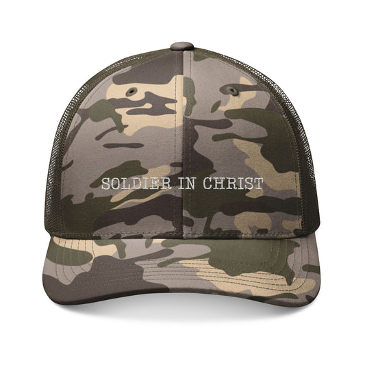 Camouflage Trucker Hat - Soldier in Christ, Outdoor Gear, Faith-Based Headwear, Gift for Veterans, Inspirational Fashion